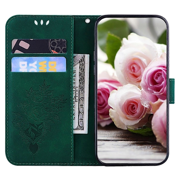 Til Motorola Moto E7 Sommerfugl Rose Præget Læder Telefon Cover Green