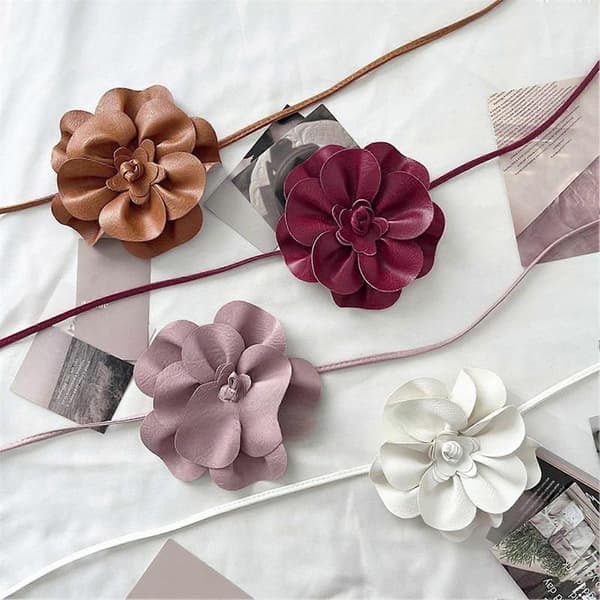 Boho Blomster Midjebälte för Kvinnor Flickor Blommig Konstläder Rep Midjeband Bröllopsklänning Tunt Midjeband Black One Size