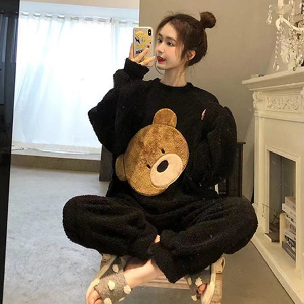 Naisten paksu set Suloinen karhupyjamat, kaksiosainen set naisten tyttöjen yöasuille Bear Black 2XL