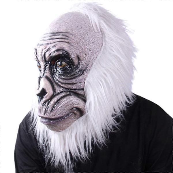 Eläinapina päämaski lateksista, apina-gorilla-kypärä valkoisilla hiuksilla Halloween-asuun, kauhu aikuisten maski