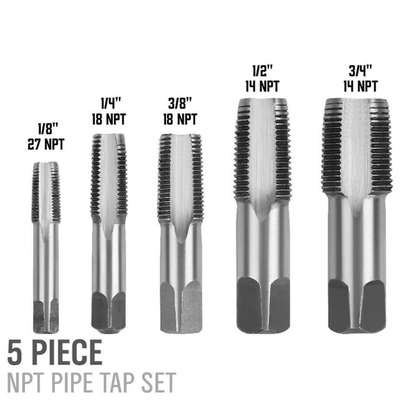 Sett med 5 Npt rørsett gjengeformende kraner Karbonstål 3/8" 3/4"