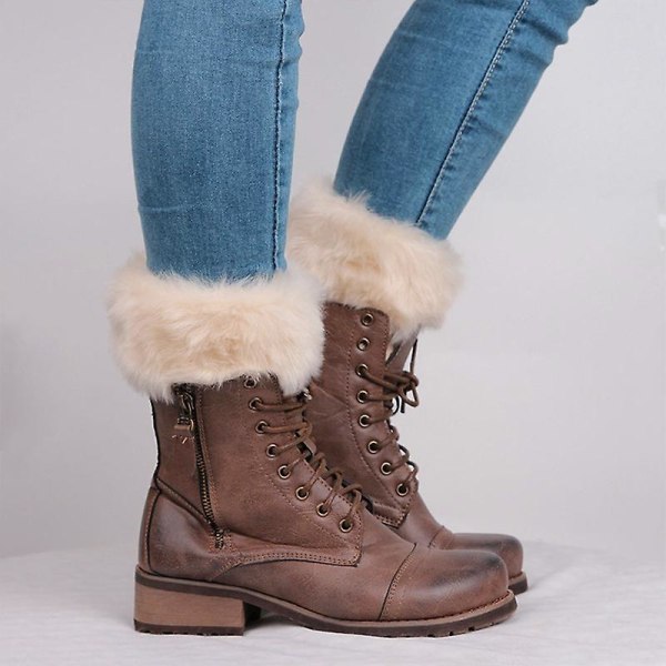 Kvinner Vinter Ankel Leg Warmers Heklet Strikket Pels Trim Boot Toppers Mansjetter Sokker Beige