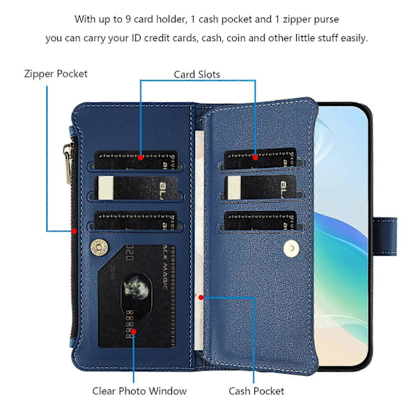 Magnetisk Stängning 9 Kortplatser Dragkedja Läderfodral med Handrem Dark Blue For Google Pixel 8a