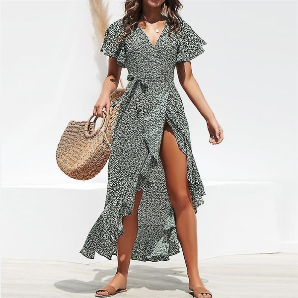 Sommer Strand Maxi Kjole Kvinder Blomsterprint Boho Lang Chiffon Kjole Flæser Omslag Afslappet V-hals Split Sexet Festkjole Kåbe Femme