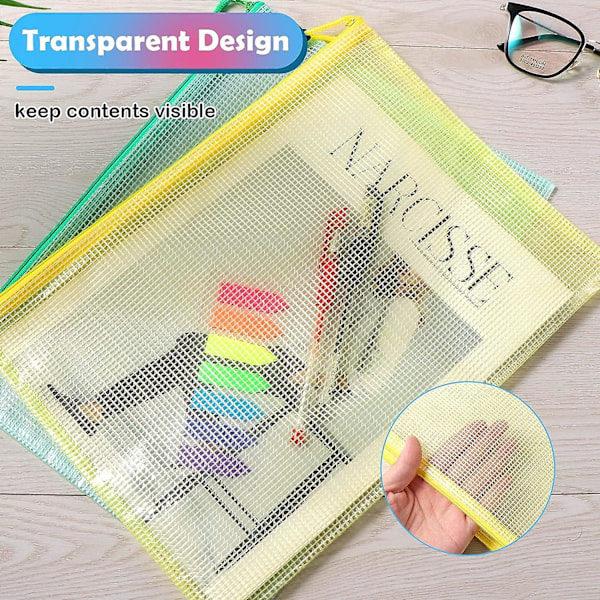 Plastikmappe A4+A5+A6, 15 stk. lynlåspose, PVC mesh lynlåspose dokumentpung, opbevar papir småting forsyninger 5 farver, 2024 Ping
