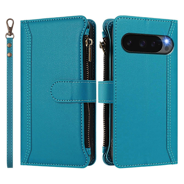 Magnetisk Stängning 9 Kortplatser Dragkedja Läderfodral med Handrem Turquoise For Google Pixel 10 5G Global
