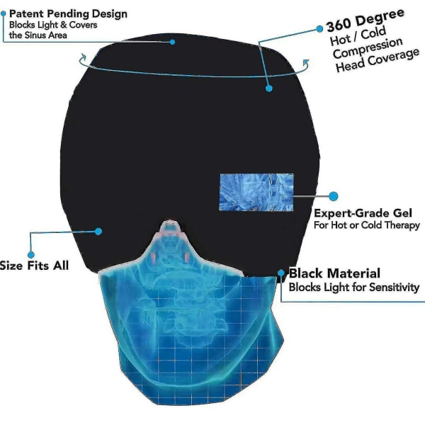 Migränhatt Fitting Gel Ice Huvudvärk Migrän Relief Hat, Cold Therapy Migrän Relief Cap, Bekväm töjbar Ice Pack ögonmask Black