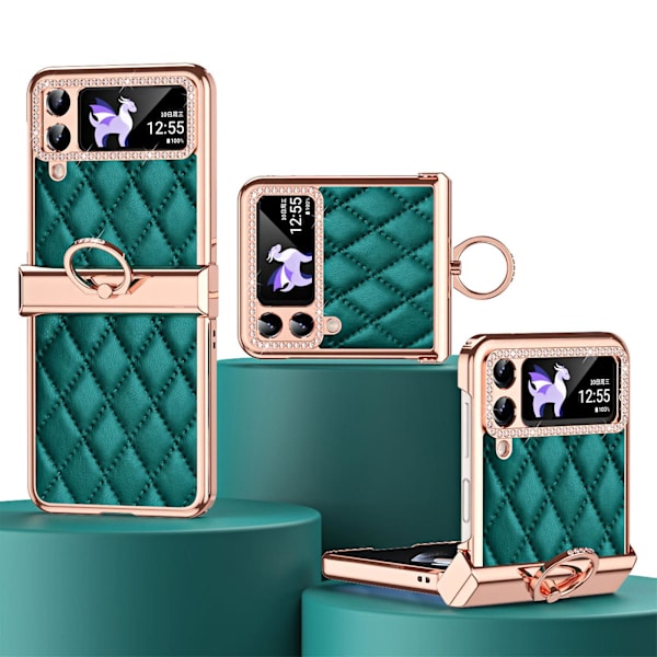 Kiiltävä timanttikuvioinen kotelo Samsung Galaxy Z Flip 4:lle, PU-nahkainen kotelo saranasuojalla ja renkaalla Green For Galaxy Z Flip 4
