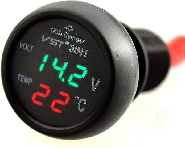 Bil Voltmeter, 3 i 1 12-24v Bil USB Oplader Voltmeter Med LCD Digital Display Panel Temperatur Tester Spændingsmåler Til Biler Og Tr