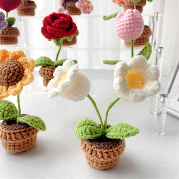 B Håndstrikkede Blomster Pottede Hæklede Kunstige Planter Færdigvævede Gave