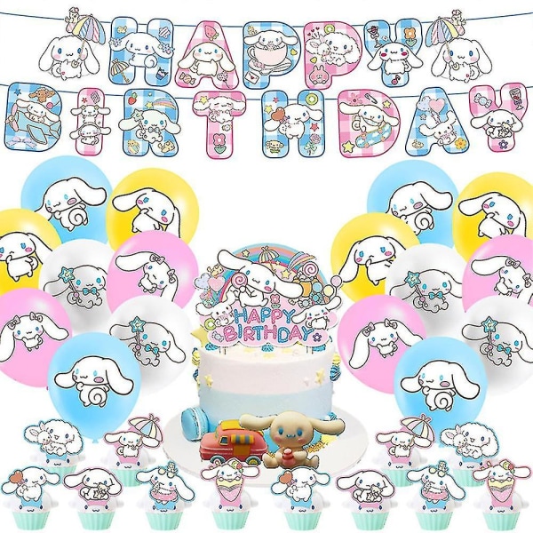 Tecknade hundar för barns födelsedagsfestdekorationer, Kawaii Cinnamoroll hundfesttillbehör, inklusive födelsedagsbanner, ballonger, valpkakor