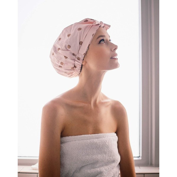 Lyxig cap för kvinnor, vattentäta badmössor med bowknot, återanvändbar duschpresent Blush Dot