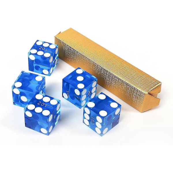 Aaa-luokan 19 mm:n Pro Vegas -kasinotyyliset craps-nopat, 5 kappaleen sarja, jossa veitsenterävät reunat ja vastaavat sarjanumerot roolipeleihin, noppien pinoamiseen, Yahtzee-noppapeliin Blue Set of 5 Dice