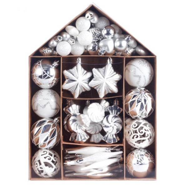 73st julkulsprydnader Set, Juldekor för träd, målad julboll Presentpaket Silver Vit