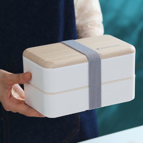 Matboks, lunsjboks med 2-lags bestikk, japansk Bento-boks for barnet eller den voksne, til skole eller jobb (hvit)