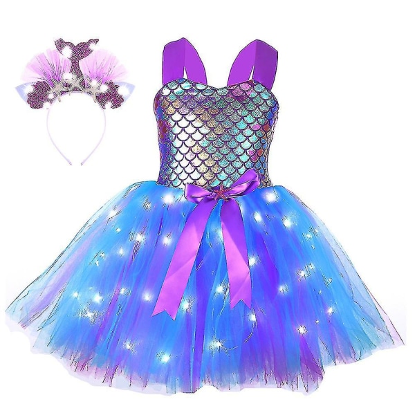 Barn Jenter Havfrue Kostyme Led Light Up Tutu Kjole + Pannebånd Antrekk Sett Cosplay Karneval Bursdagsfest Purple 3-4 Years