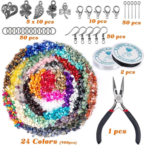 Smykkefremstillingssæt, 24 farver naturlige ædelstensperler, 5-7 mm stenperler, 1073 stykker ringe DIY-sæt til DIY-smykker halskæde armbånd øreringe