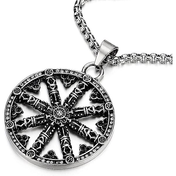 Mænds Stor Stål Dharma Chakra Vedhæng - Halskæde Med Dharma Hjul Symbol Og 30-tommer Kæde