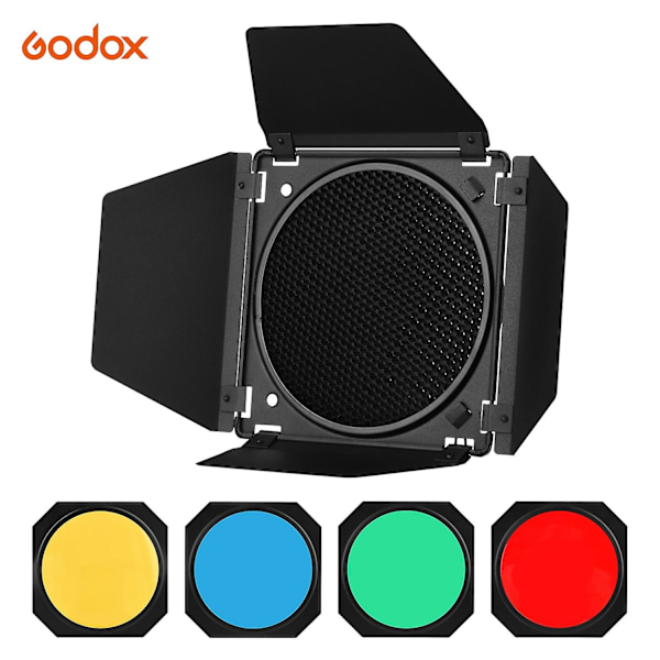 Godox BD-04 Barn Door-set med bikakestruktur och 4 färgade geléfilter för 7-tums standardreflektor