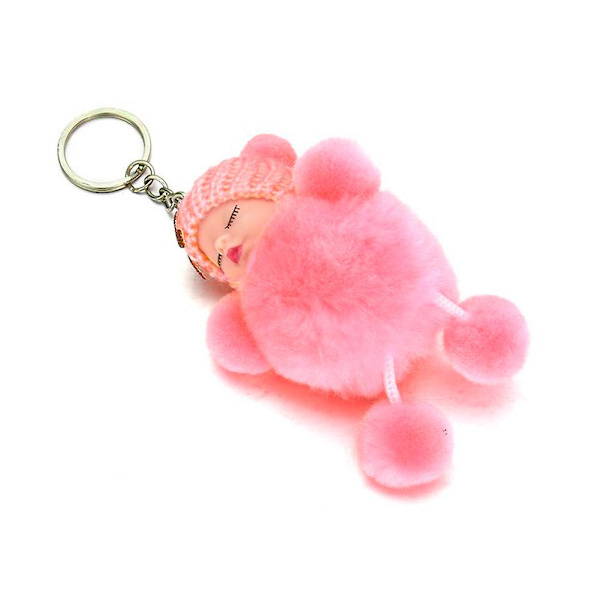 Sovande Bebis-Rosett Fluffig Pompom Plyschdocka Hängande Smycke Nyckelring Pink Bowknot