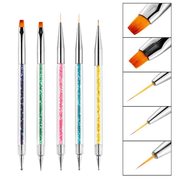 5 Pack Nail Art Harjaa - Kaksipäinen Nail Liner Harja Täpläkynä Nail Art Point Pora Piirustustyökalut