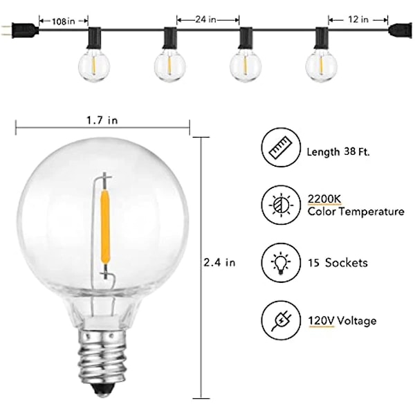 Brightown utomhusljusslinga 38 fot (28+10) - Ledljusslinga G40 Globe Patio-lampor energibesparande med 15 ledlampor  Osplitterbara hängande utomhusl