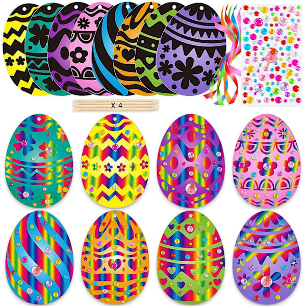 Magiska Färgglada Skraplottskonst Påskägg Ornament Dekorationer DIY Påskpysselset Assorterade Skraplotts Pappersägg Pom-poms Piprensare för Barn Kalasfavörer