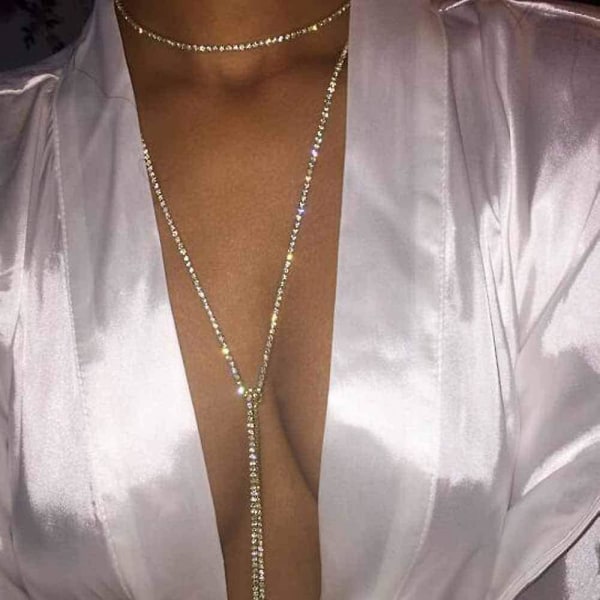Mode Silver Långt Halsband med Strass smycken kedja för kvinnor och flickor