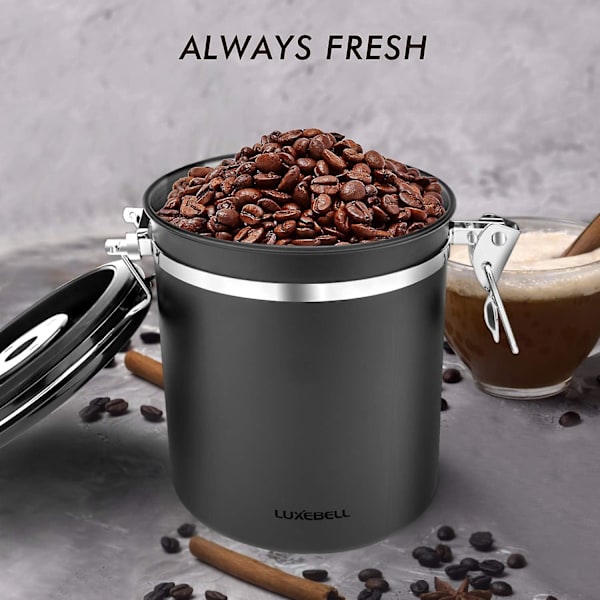 1,5l Kaffebønnebeholder i rustfrit stål Opbevaringsboks til kaffe te kakao korn pasta havregryn Bonus (sort)