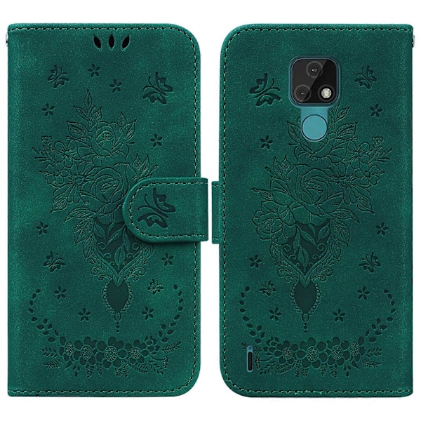 Til Motorola Moto E7 Sommerfugl Rose Præget Læder Telefon Cover Green