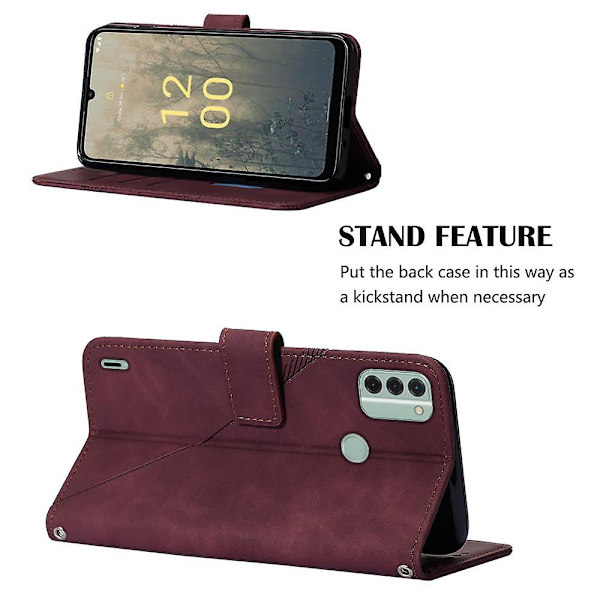 Til Nokia C31 4G Linjer Læder Business Telefon Cover Anti-drop Wallet Stand Flip Case Wine Red