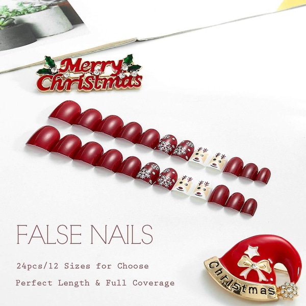 Christmas Elk Snowflake False Nails - Full Cover Short Press-on Red Nails Art (24 stk)