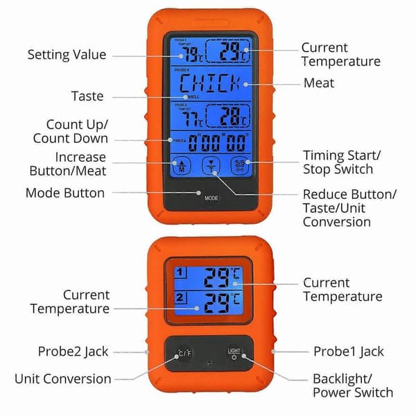 Digital Trådlös Kötttermometer med 2 Prober för Ugn, Grill och BBQ