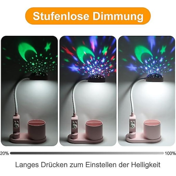 Skrivebordslampe til børn, natlampe med penneholder, Himmel bordlampe med automatisk farveskift, dæmpbar genopladelig LED læselampe til børn