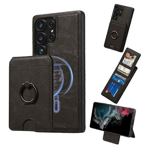 Kompatibel med Samsung Galaxy S23 Ultra Magnetisk Etui PC + PU Telefon Bagcover med Aftagelig Kortholder Black