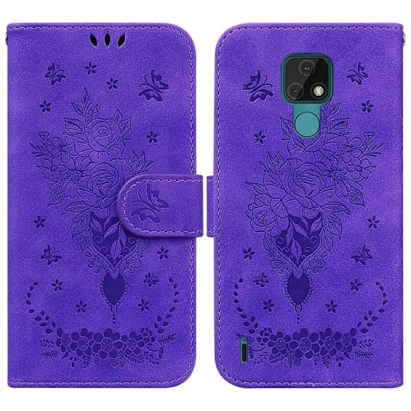 Til Motorola Moto E7 Sommerfugl Rose Præget Læder Telefon Cover Purple