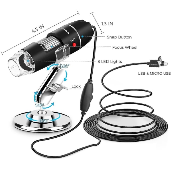 Usb Mikroskop 8 Led Usb 2.0 digitalt mikroskop, 40 til 1000x forstørrelse Endoskop minikamera med Otg-adapter og metalstativ, kompatibel med Mac