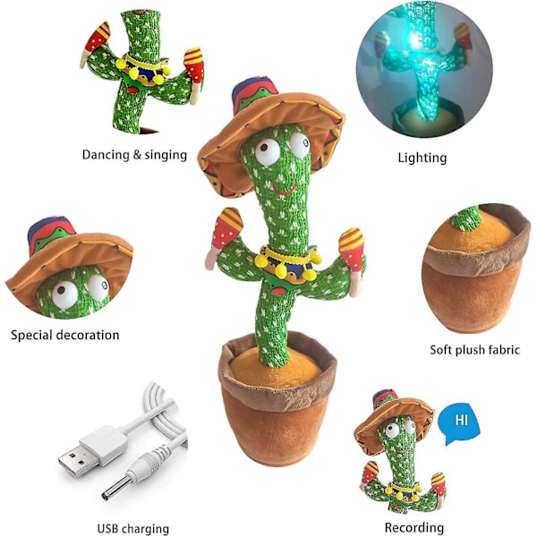 11,8 tommer dansende kaktus, Talking Cactus 120 Musik Syngende Cactus Legetøj, Cactus Plysdyr, Usb Charging Cactus Toy, Electronic Talking Recording Intet B