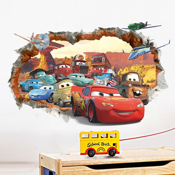 3D-skadad vägg Tecknad bilar Flygplan Väggdekaler, Avtagbara klistermärken för barnrum