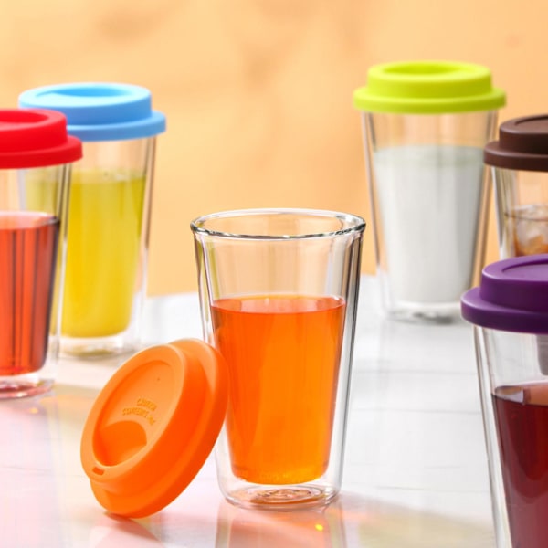 350ML Dobbelvegget Glass med Silikonlokk Isolert Tumbler Reise Varm Kald Drikke Te Melk Høy Borosilikatglass Kopp Kaffekrus Red