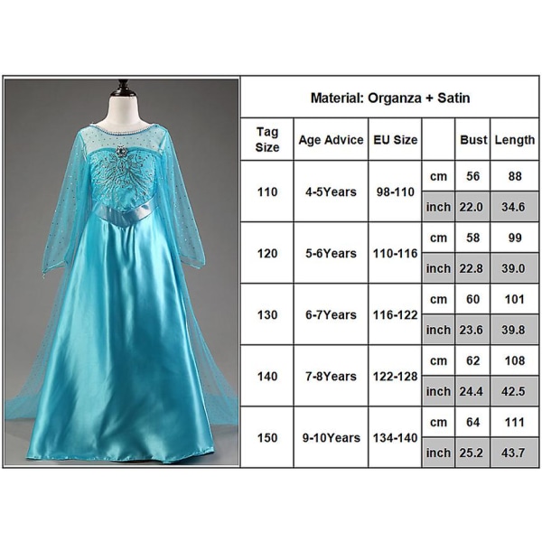 Frozen Elsa Princess Mekko Lasten Tyttöjen Cosplay Ice Queen Fancy Mekko Performanssiasu Blue 5-6 Years