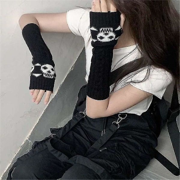 Goth pitkät sormettomat käsivarsihihat käsineet käsivarsien lämmittimet tytöille mustat pääkallokäsineet naiset neulonta