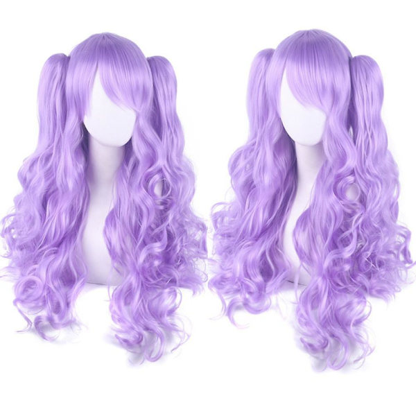 JUSCH Lolita Lang Krøllete Clip-on Hestehaler Cosplay Parykk, Dobbel hestehale tigerklemme lang krøllete parykk (Lys Lilla),WZ-1339R