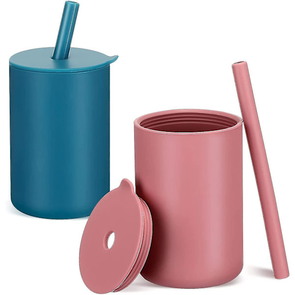 2 Stk Kopp Silikon Småbarn T Ing Kopp Med Silikonstrå, Silikonstråkopper Sølesikker Sippy Kopp For Over 6 Måneder (blå Og Rosa)