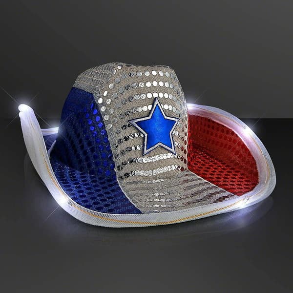 Rød, hvit og blå sequin-hatt med LED-lys og hvit LED-kant