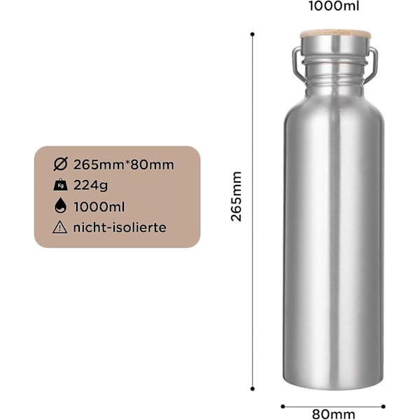 1L Ruostumattomasta Teräksestä Valmistettu Vedenpullo, Urheiluvadenpullo, BPA-Vapaa Vuotamaton Metallivedenpullo Urheiluun, Kuntosalille, Matkalle, Leirintään