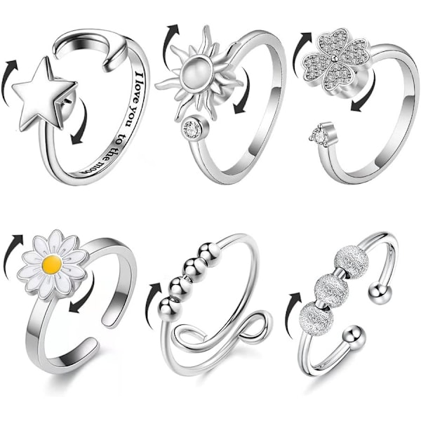 Fidgetringe mod angst - sæt med 6 justerbare stressaflastningsringe, med sol, stjerne, måne, tusindfryd og firkløver