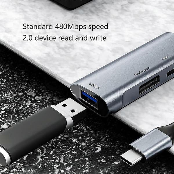 3-i-1 Dockingstasjon 480 Mbps 4K@60Hz PD 60W Stor DP DisplayPort+USB-C USB2.0 Mini Hub-adapter