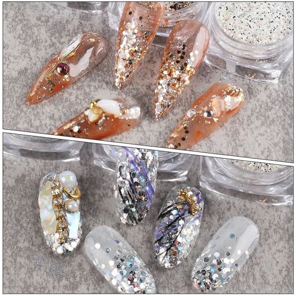 Holografiska nail art paljetter Glitter Kit - 6 lådor med 3d metalliska glänsande flingor - Akryl pulver damm paljetter för nagel dekoration - holografisk manisk