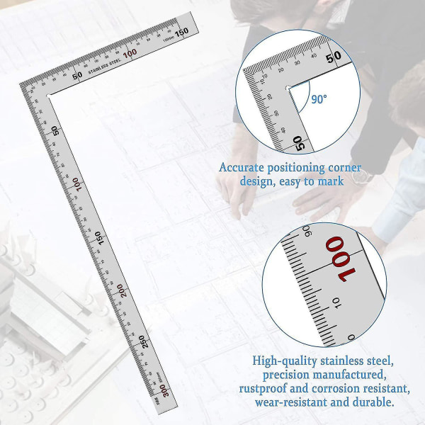 2023-l formet linjal, 150 mmx300 mm rettvinklet linjal rustfritt stål L-form firkantet linjal Dobbeltsidig målemetrisk linjal for snekkerhåndverk